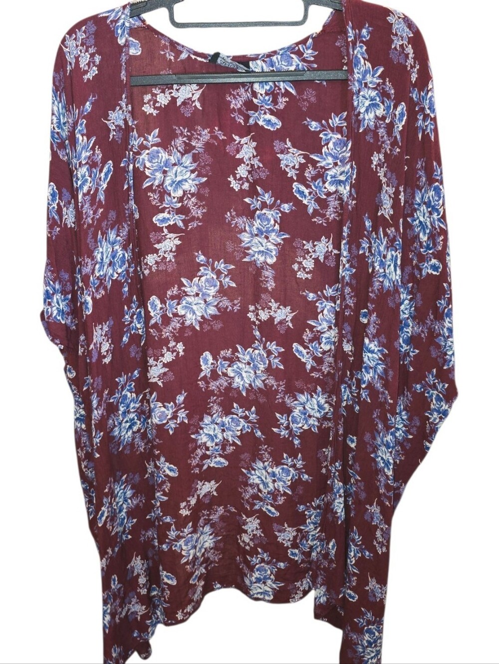 ANGIE Sz M Maroon All Over Floral Print Kimono Style Open Front Boho Duster